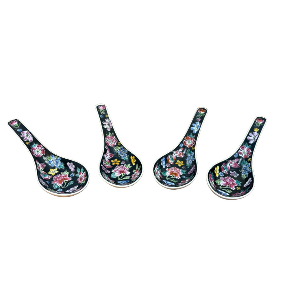 Chinese Famille Noire Mille Fleur 1000 Flowers Oriental Soup Spoons
